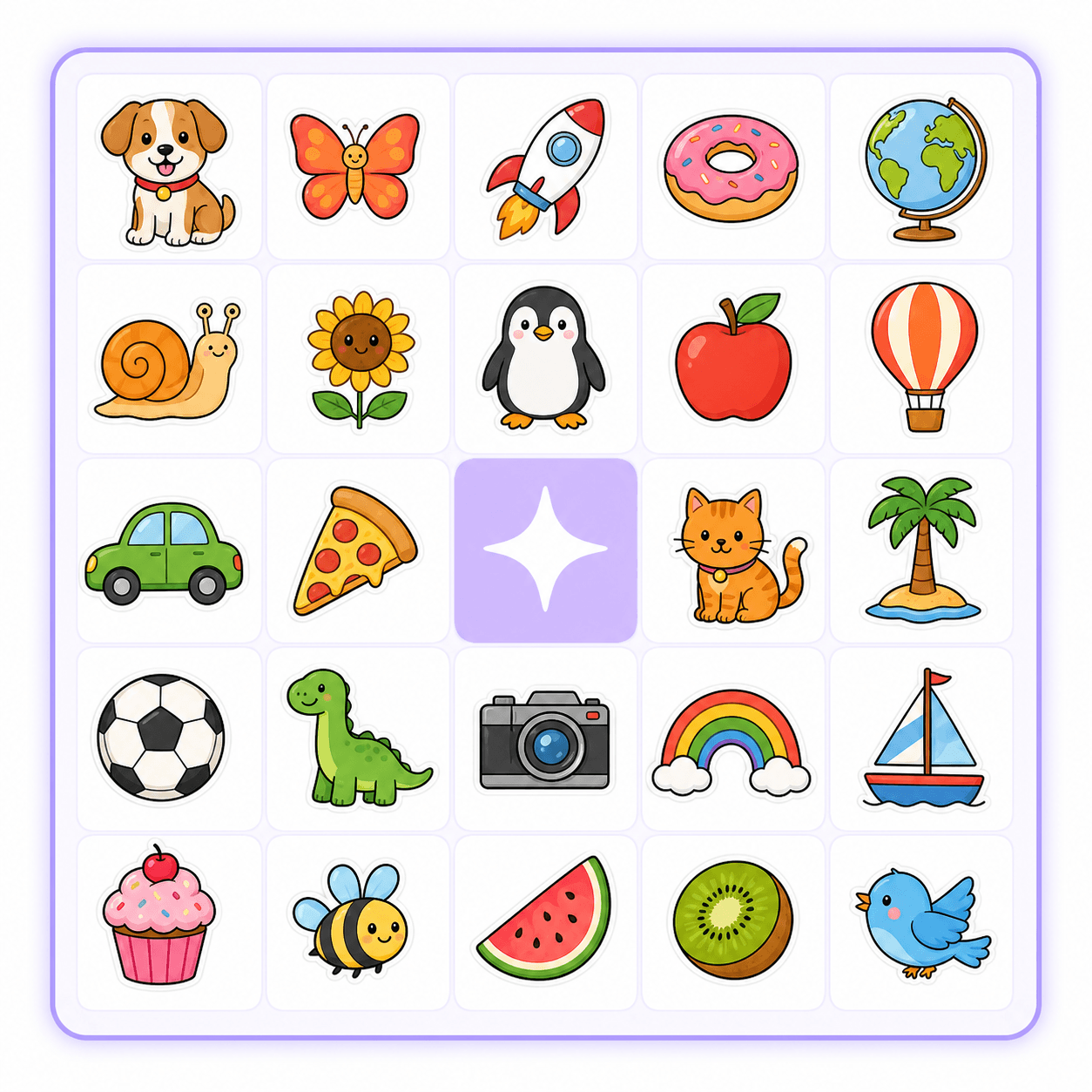 Sample image bingo card with illustrated icon squares and a free star in the center